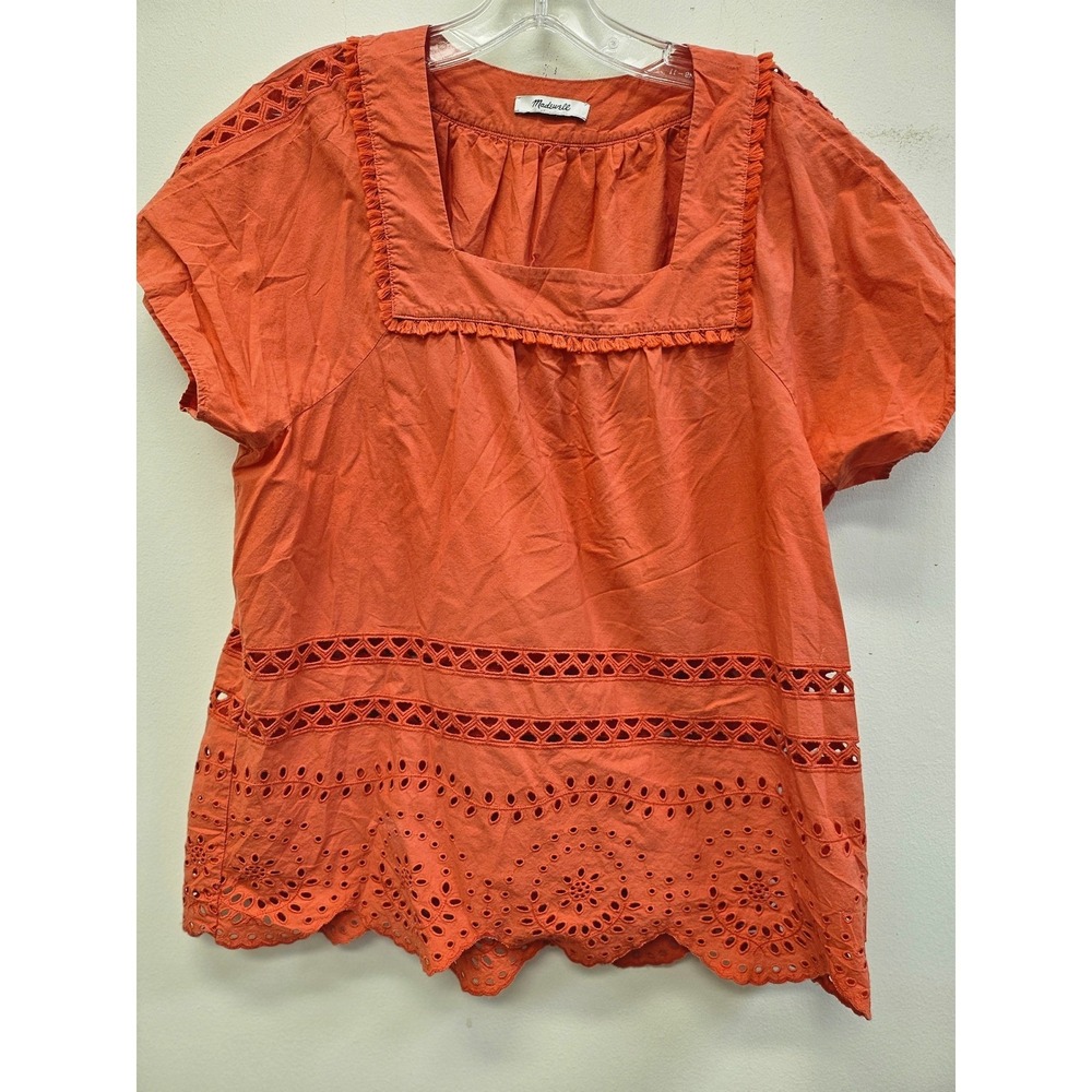 Madewell Orange Eyelet Embroidered Square Neck Scallop Hem Blouse Womens Medium